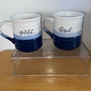 Pair of White & Blue Speckled Striped BLESSED + GREATFUL  Large 16oz Coffee Mugs